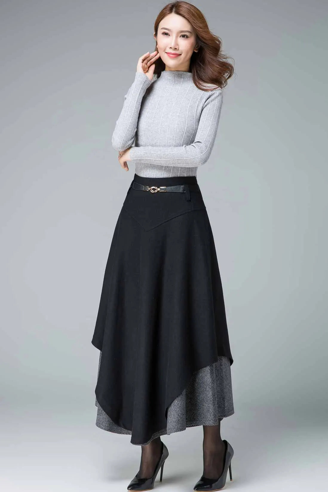 Black Wool Maxi Skirt - Tiered, Fit and Flare Silhouette 1837