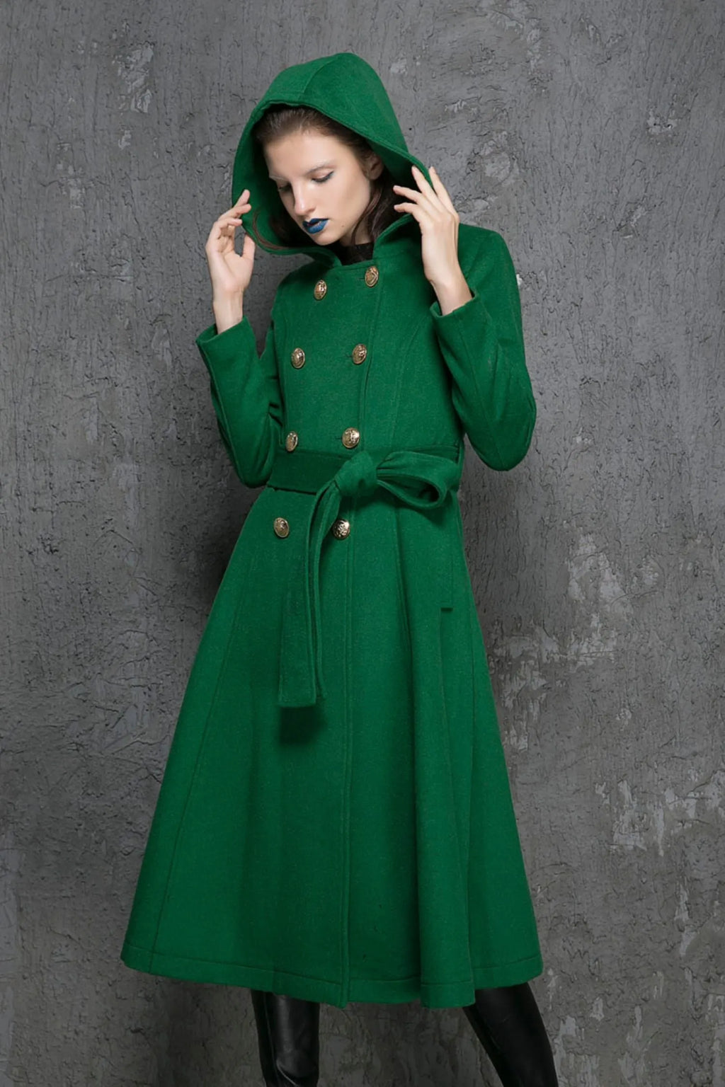 Army Green Wool Coat - Double-Breasted A-Line with Hood 1346