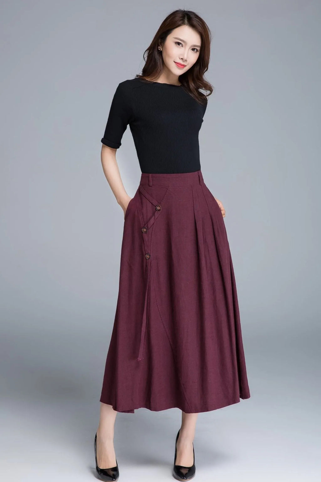 Burgundy Linen Maxi Skirt - High-Waist A-Line Pockets 