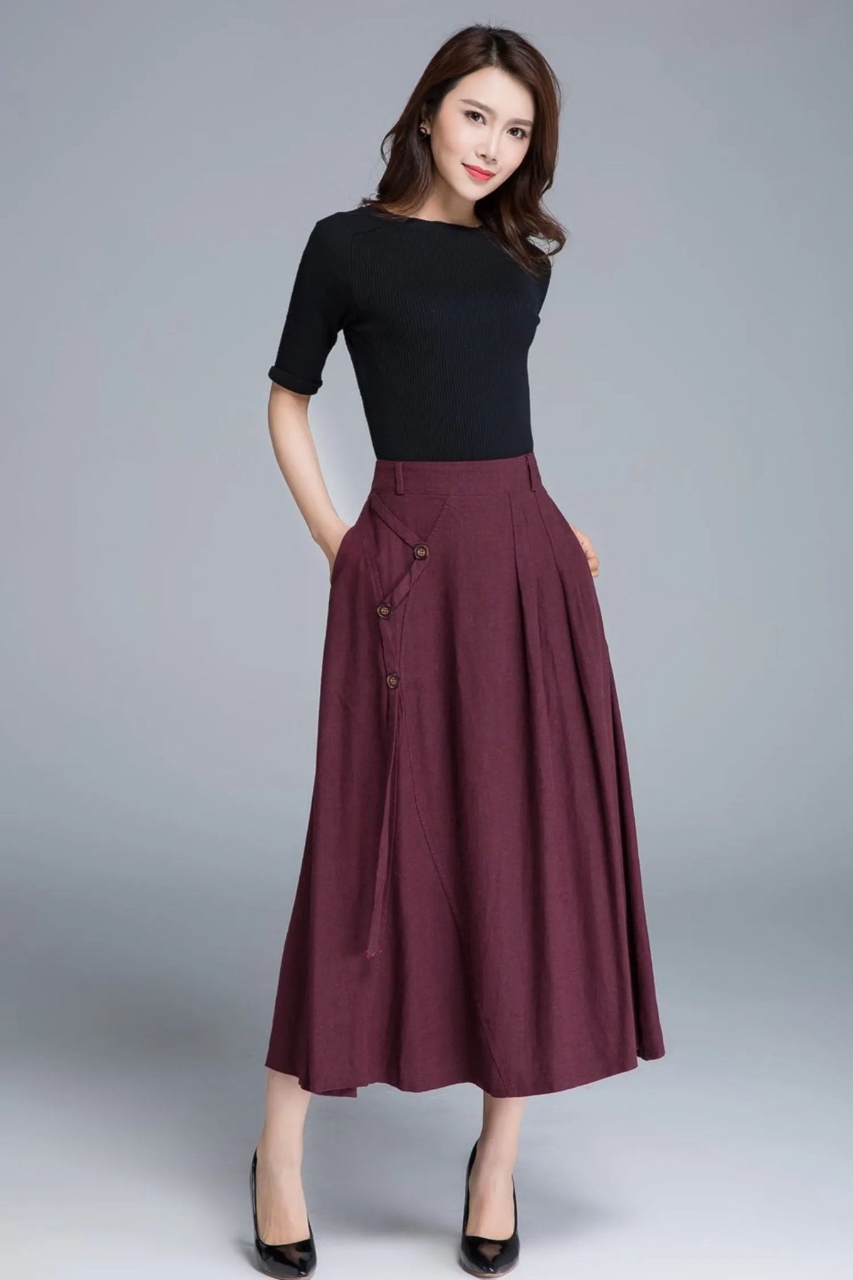 Burgundy Linen Maxi Skirt - High-Waist A-Line Pockets 