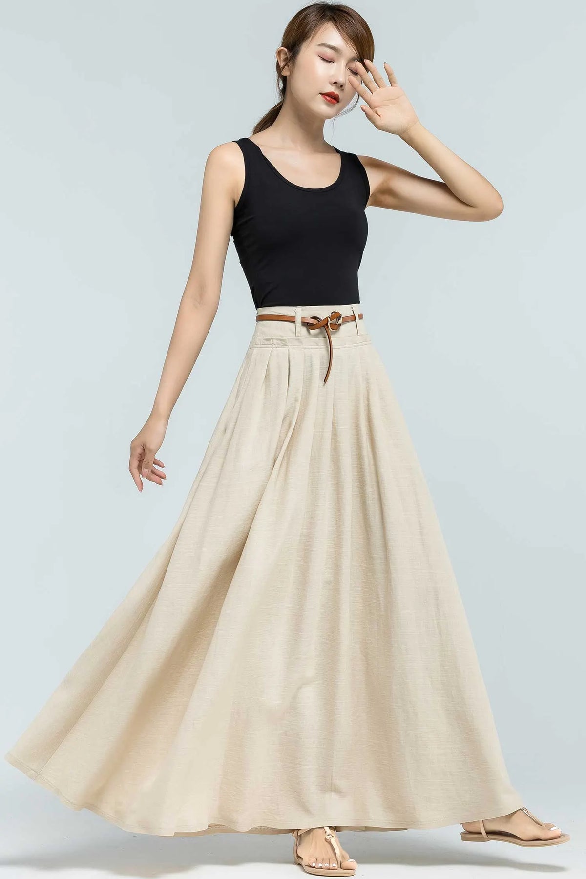Handmade Linen Maxi Skirt – Beige Pleated Swing Long Skirt with Pockets 