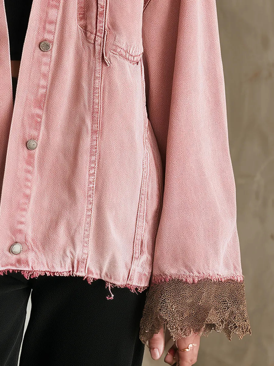 Oversized Washed Pink Hooded and Frayed Lace Trim Denim Jacket