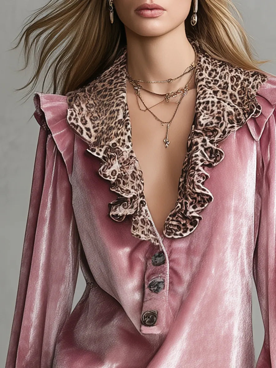 Retro V-neck Leopard Print Ruffled Hem Velvet Shirt