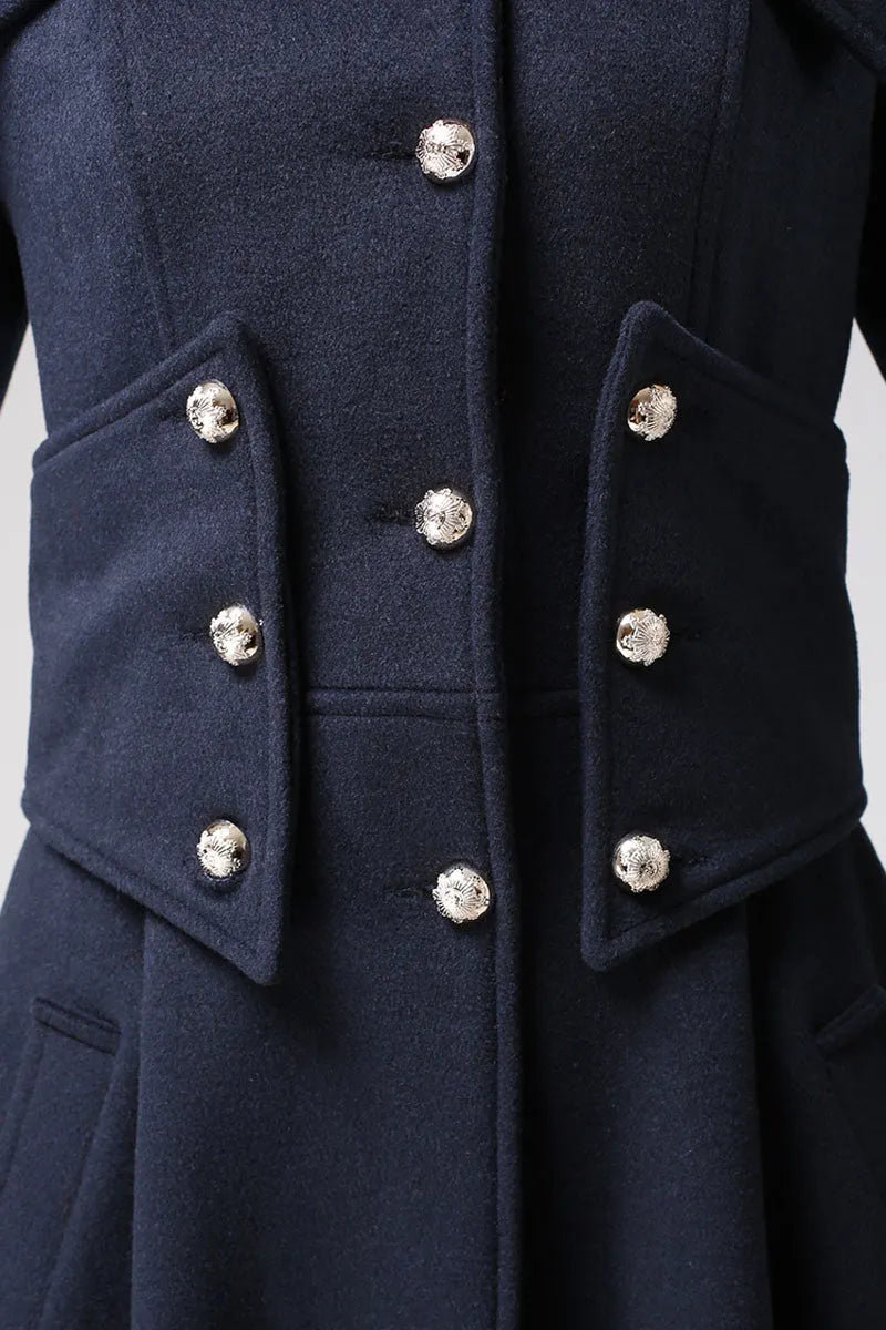 Navy Blue Wool Military Coat – Vintage Long Winter Overcoat with Silver Buttons 0701