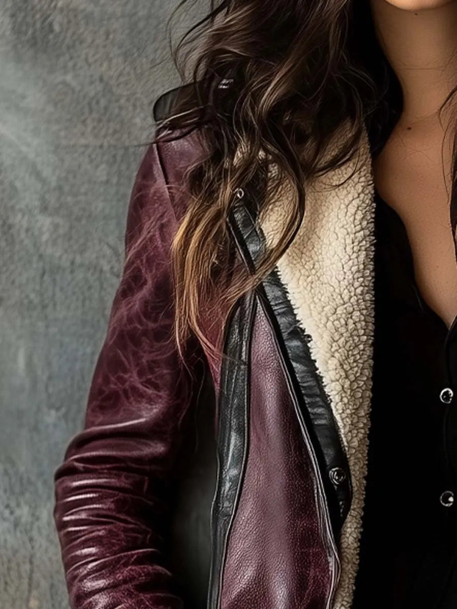 Women's Vintage Burgundy Lambskin Faux Leather Coat