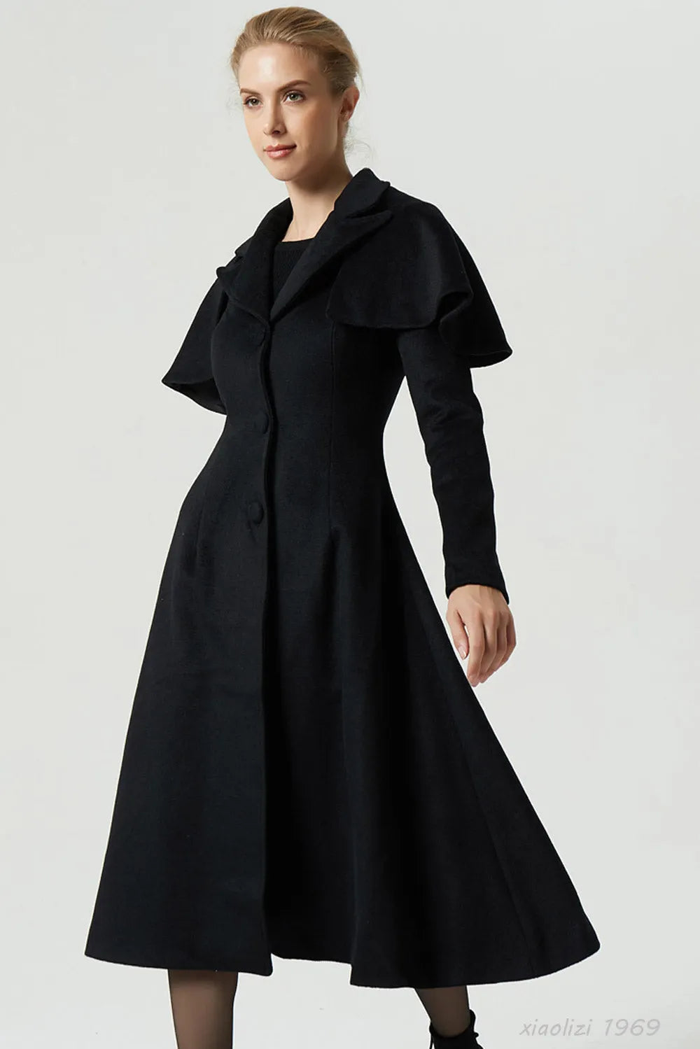 Vintage Wool Coat for Women – Handmade Black Fit and Flare Winter Cape Coat 