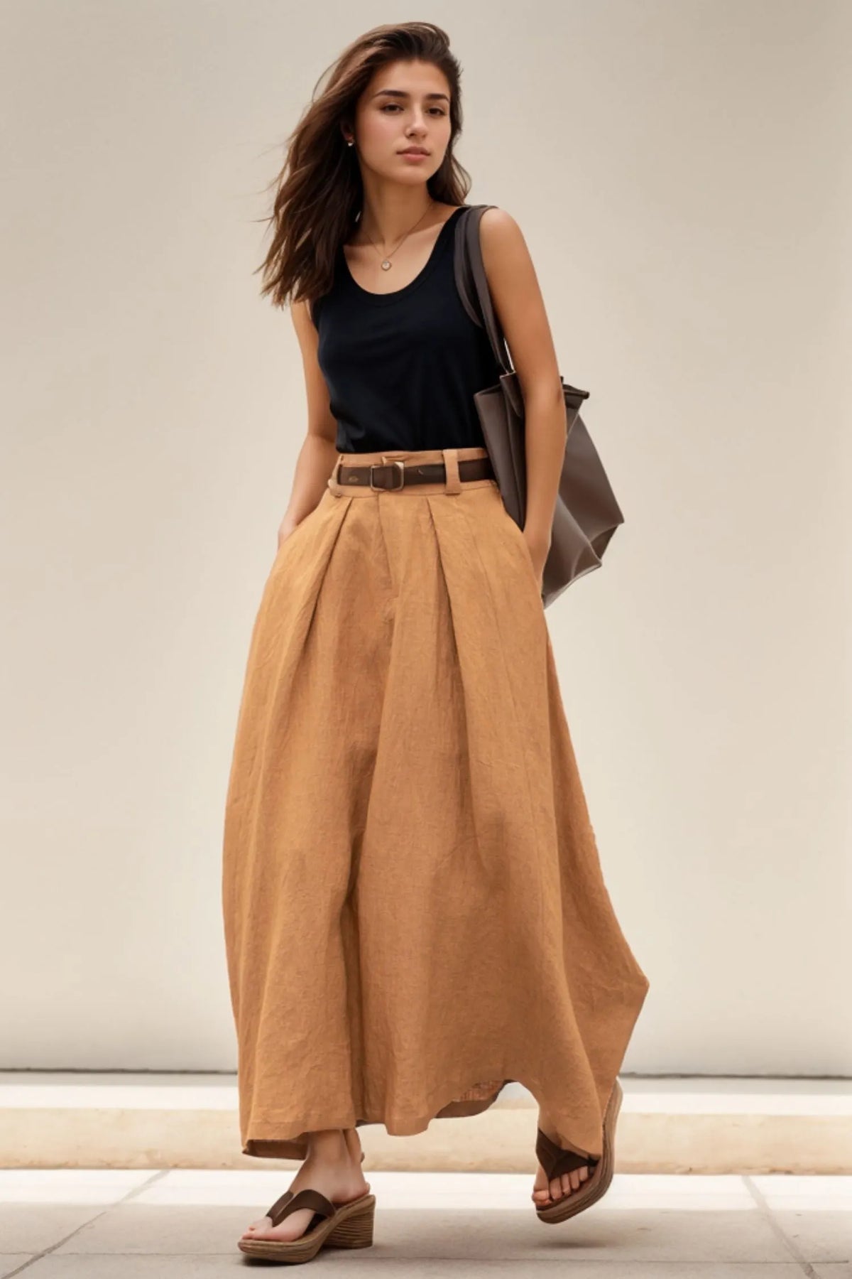 Handmade Linen Maxi Skirt – Camel High Waist A-Line Skirt with Pockets 