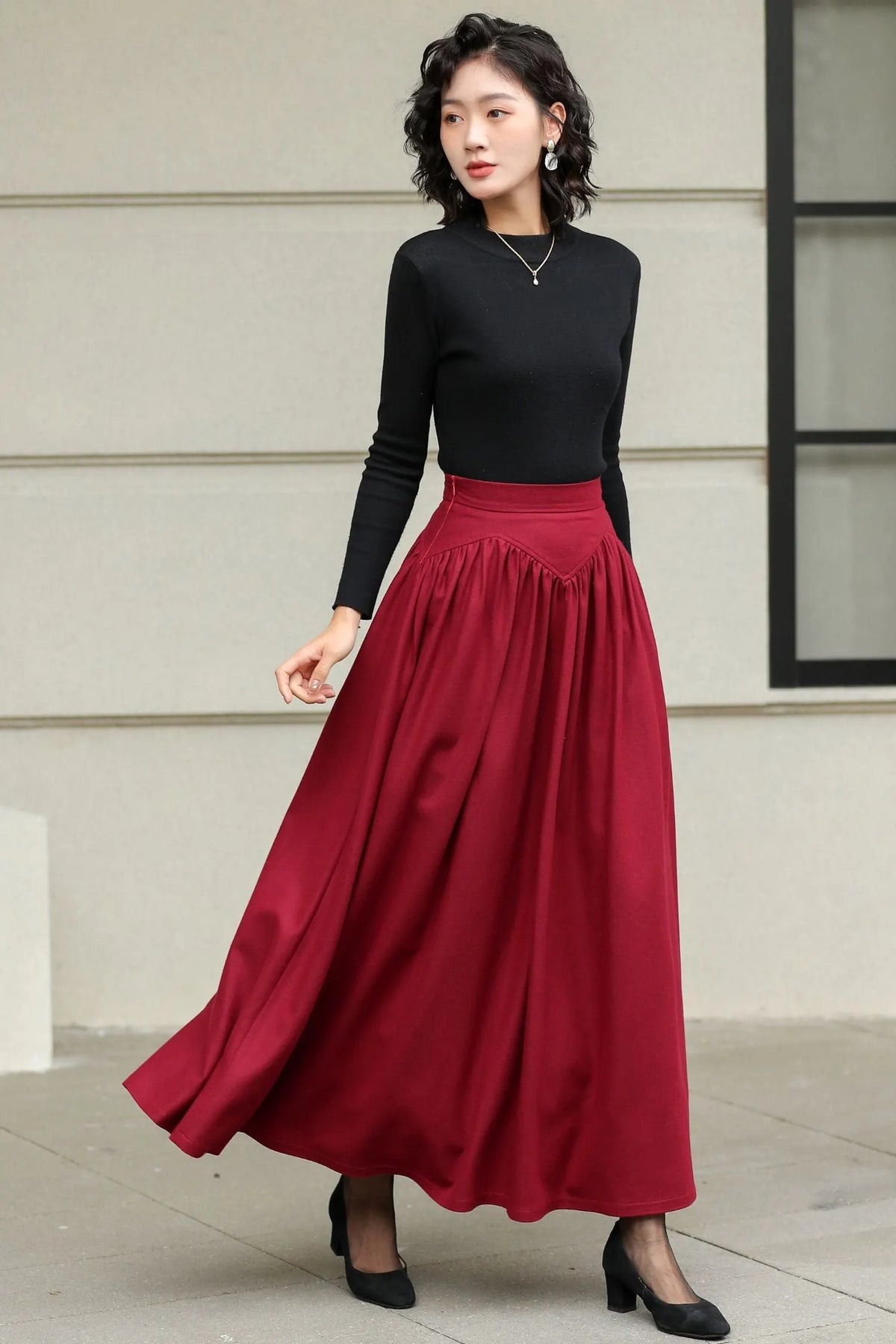 Burgundy Wool Maxi Skirt - Handmade High-Waisted Pleated 6420