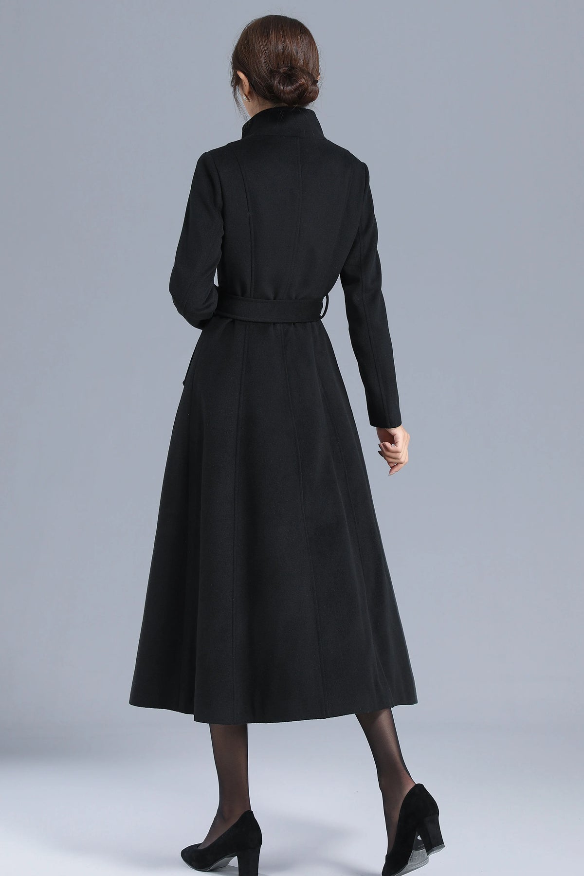 Black Wool Blend Coat - High Neck, Belted, Mid-Calf Length 3202