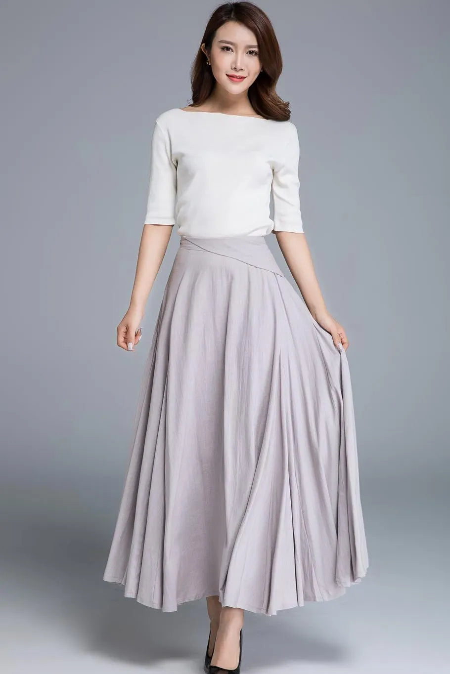 Feminine Swing Maxi Linen Skirt Pale Grey Lavender  – High-Waisted – 1666