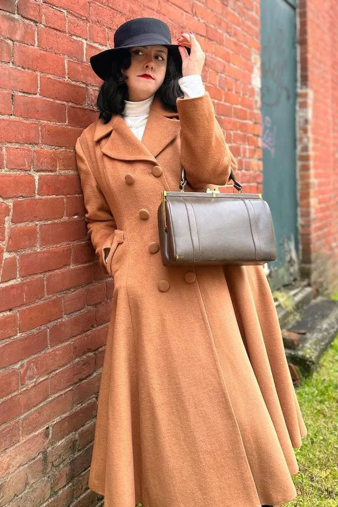 Camel Wool Blend Long Coat - Double Breasted Mid-Calf Fit 3968
