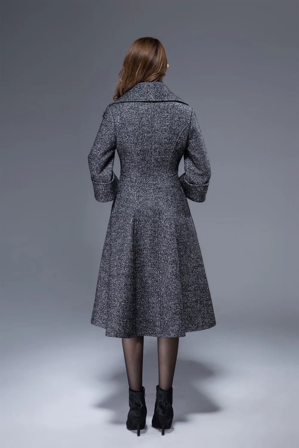 Xiaolizi Gray Wool Coat for Women – Handmade Midi Wool Blend Coat with Oversized Lapel Collar 1825