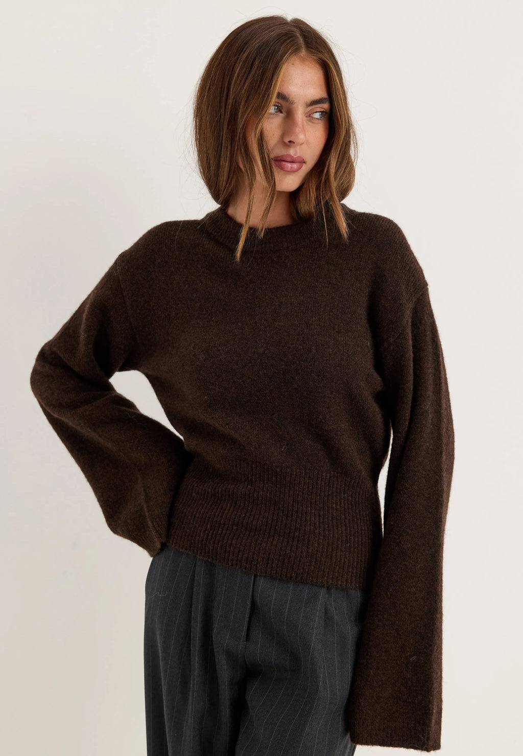 Knitted Wool Blend Wide Sleeve Sweater