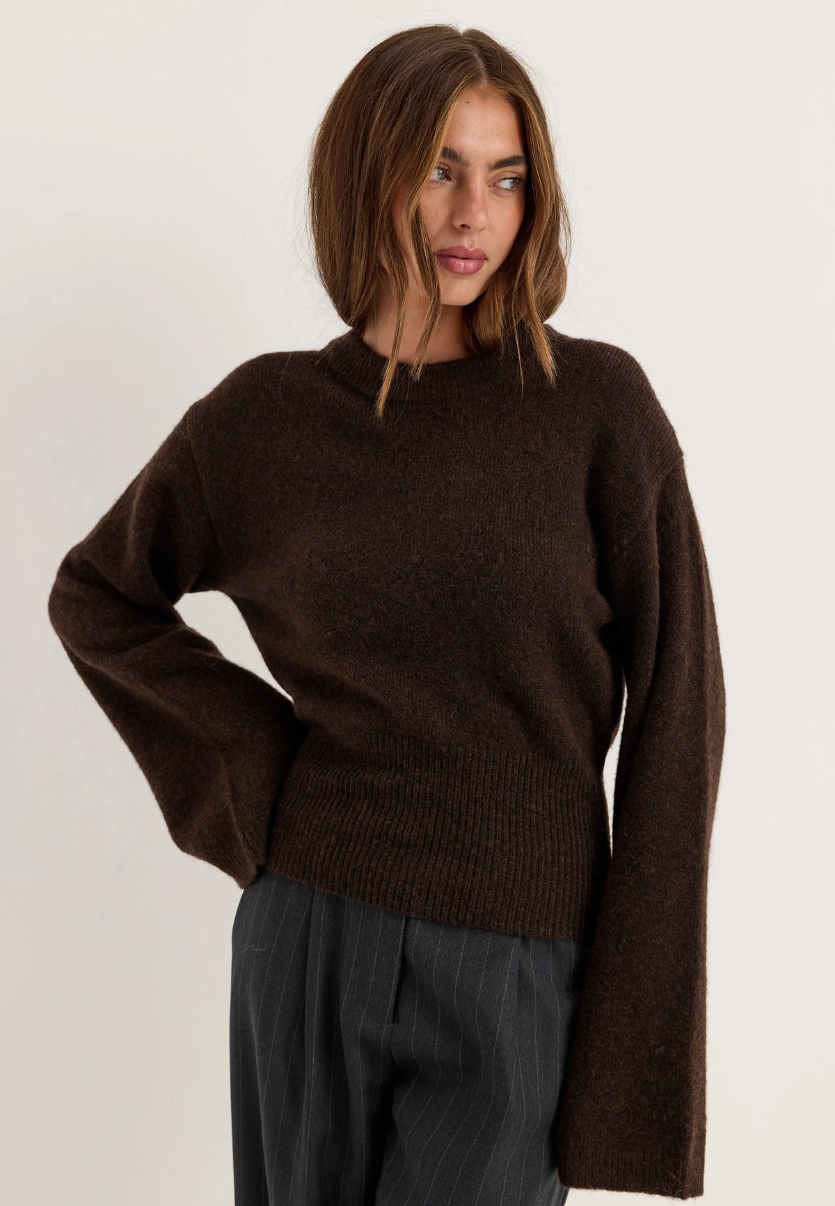 Knitted Wool Blend Wide Sleeve Sweater