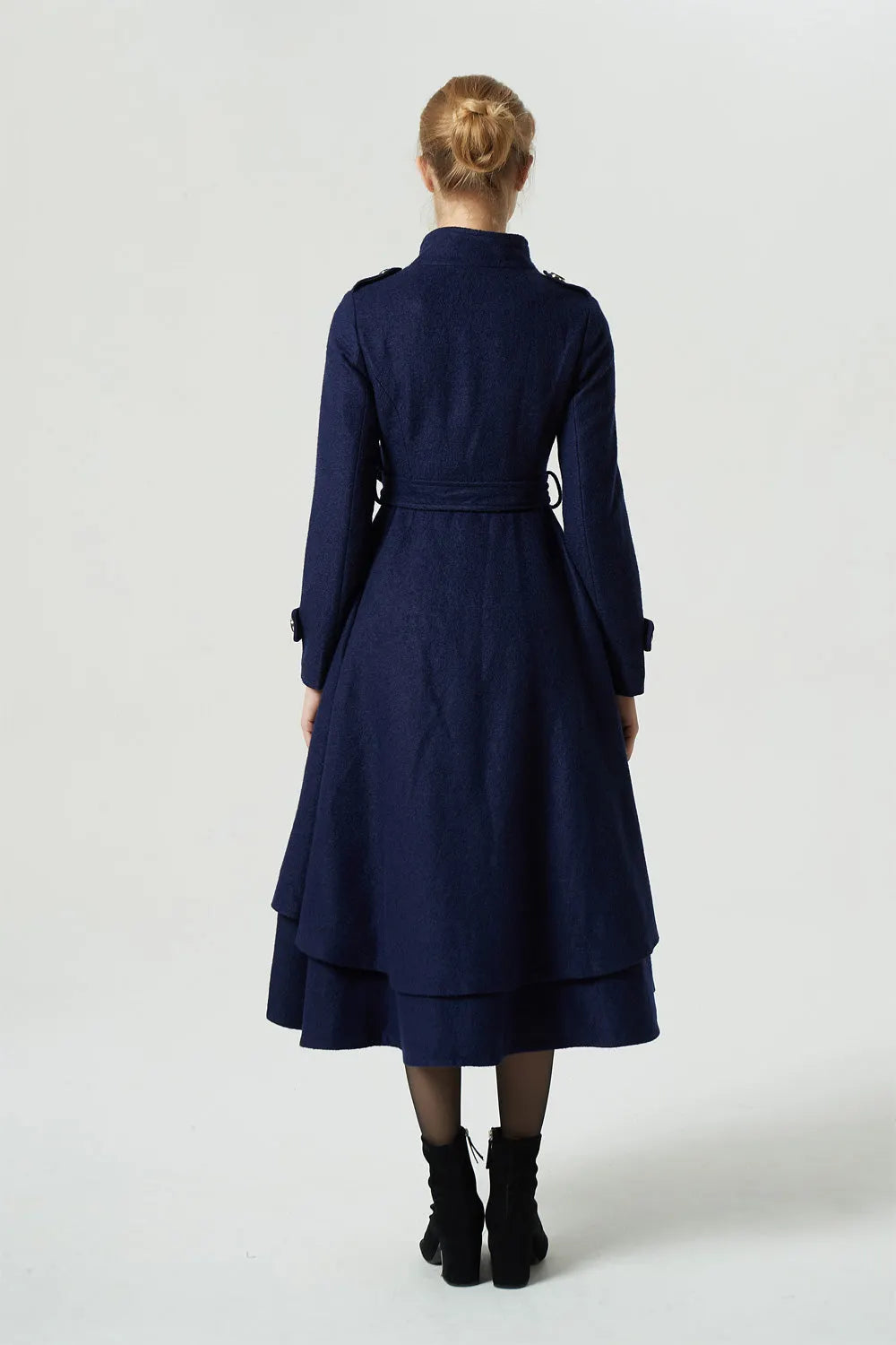Vintage Wool Coat for Women – Handmade Navy Asymmetrical Belted Long Winter Coat 