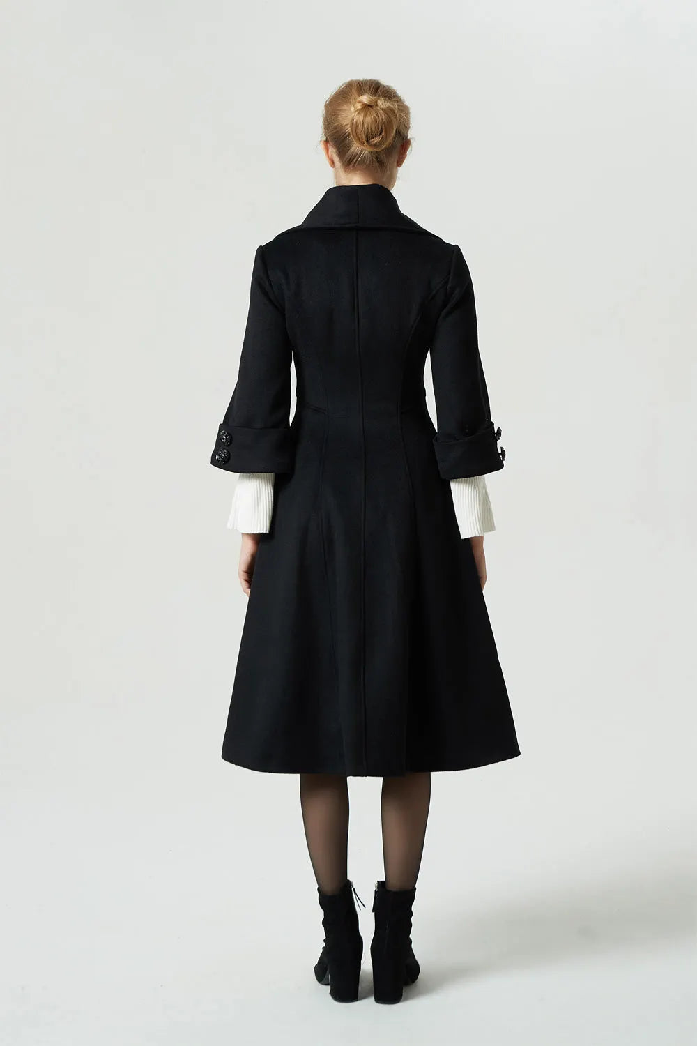 Black Wool Winter Coat – Big Lapel Fitted Midi Coat with 3/4 Sleeves 