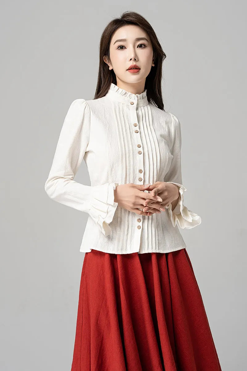 White Linen Blouse - Frill Mock Neck Lantern Sleeve Button-Up 