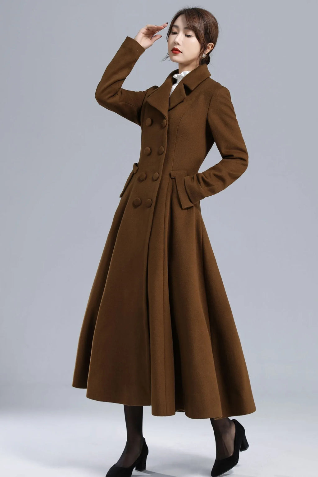 Chocolate Brown Wool Maxi Coat – Vintage Double Breasted Long Overcoat 3238
