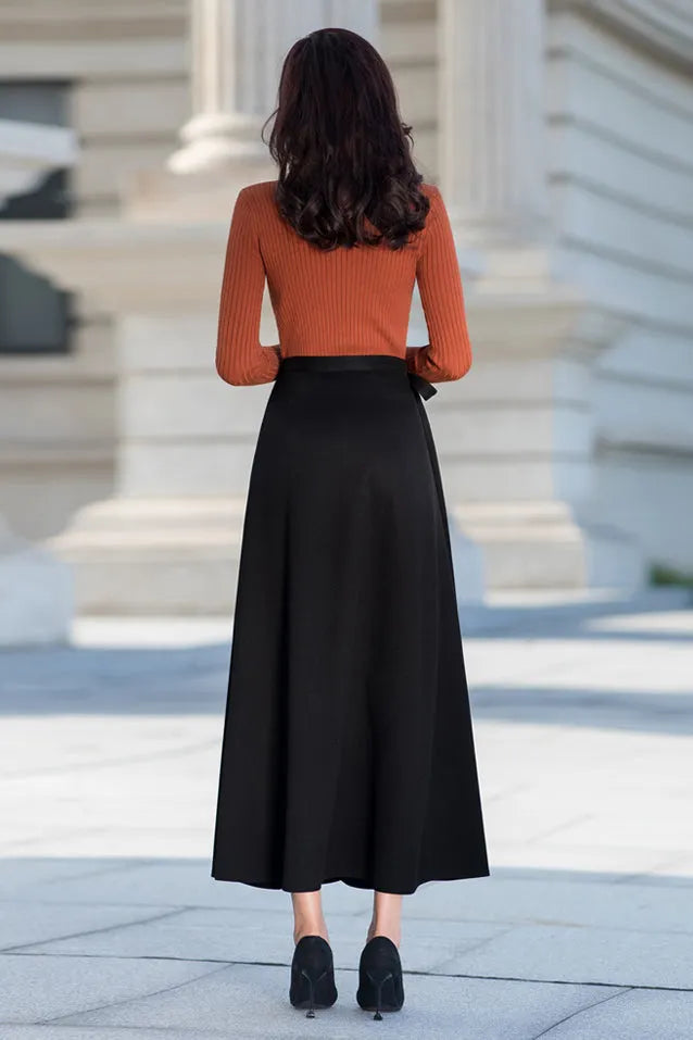 Black Cotton Blend A-Line Maxi Skirt - High Waist Wrap with Belt 40
