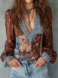 Boho V-Neck Patchwork Floral Print Chiffon Blouse With Lace Trim