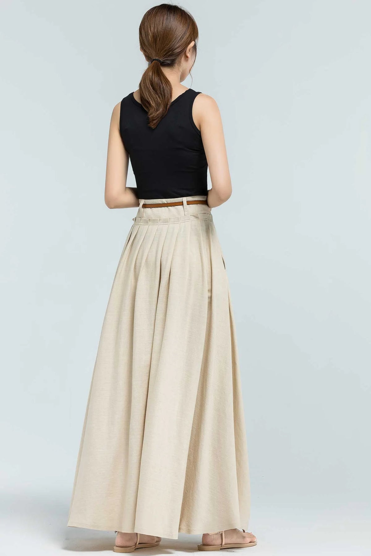 Handmade Linen Maxi Skirt – Beige Pleated Swing Long Skirt with Pockets 