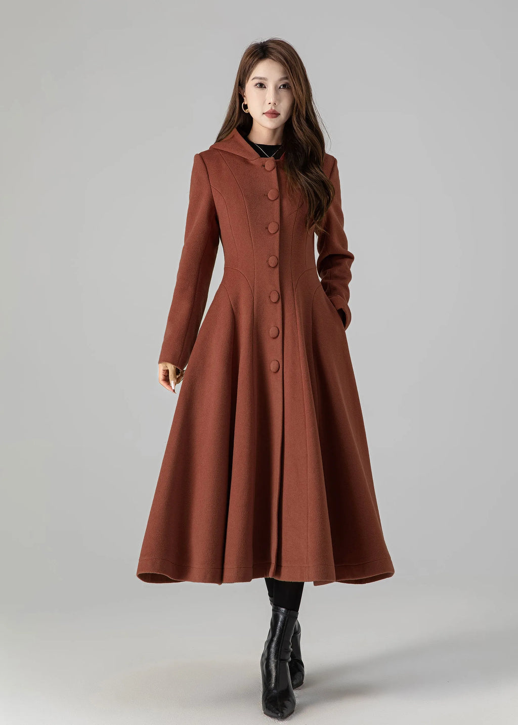 Fit and Flare Wool Coat Dress – Women’s Winter Long Sleeve Midi 5504