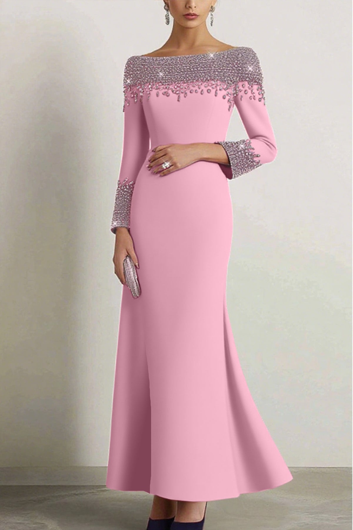 Elegant Dress Navy Boat Neck Rhinestone Maxi Dress Mother of the Bride Dress