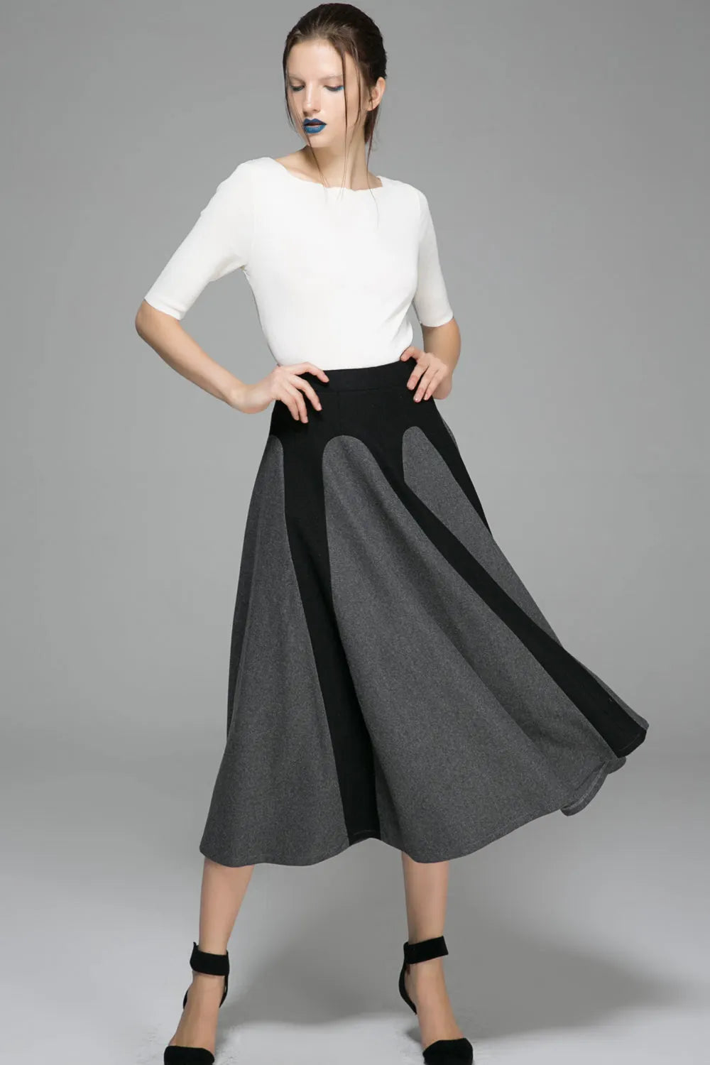 Handmade Two-Tone Gray Wool Maxi Skirt – Elegant Winter Swing Skirt 