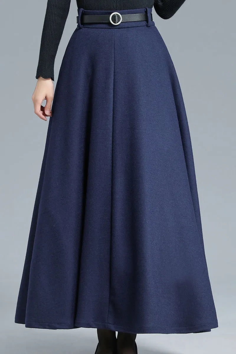 Navy Wool Maxi Skirt - High Waist, Elastic Back 3140