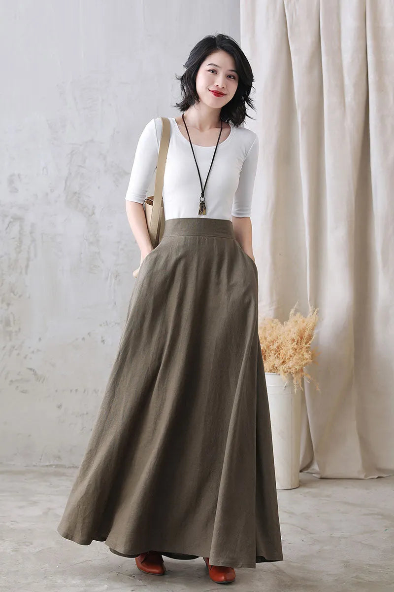 Khaki Linen Maxi Skirt - High Waist A-Line Hidden Zipper 