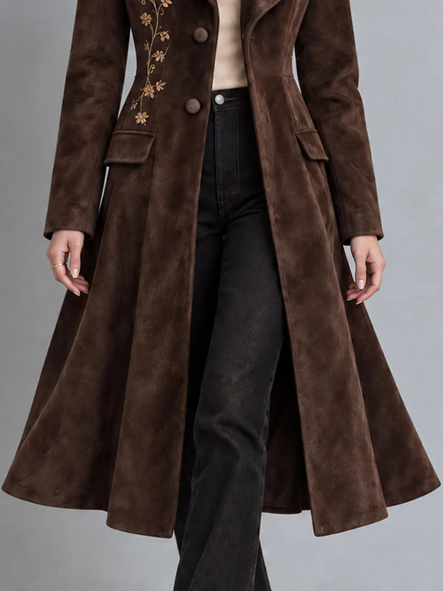 Vintage Bohemian Faux-Suede Floral-Embroidered Duster Coat
