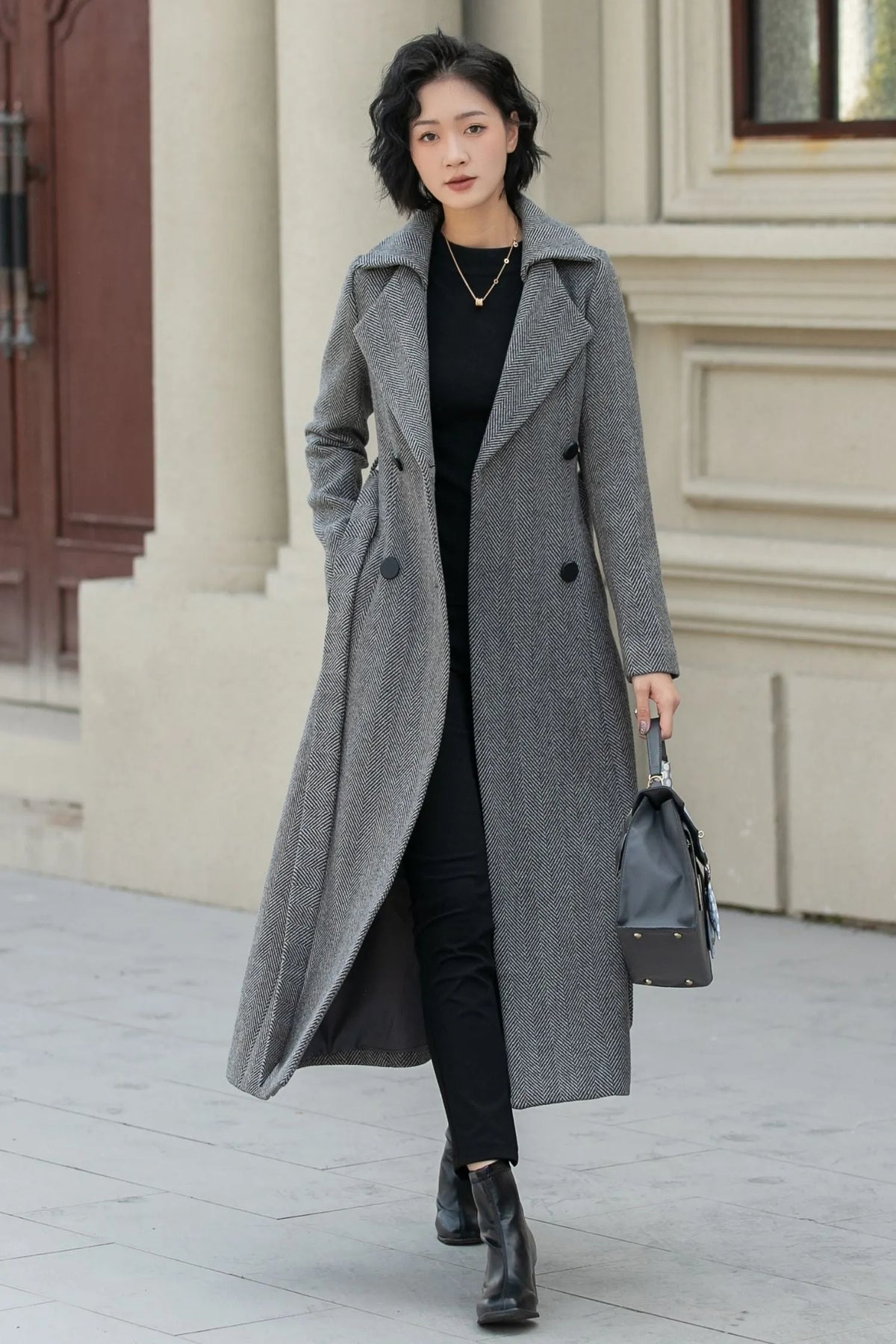 Gray Wool Long Trench Coat - Double Breasted Tie Belt 5455