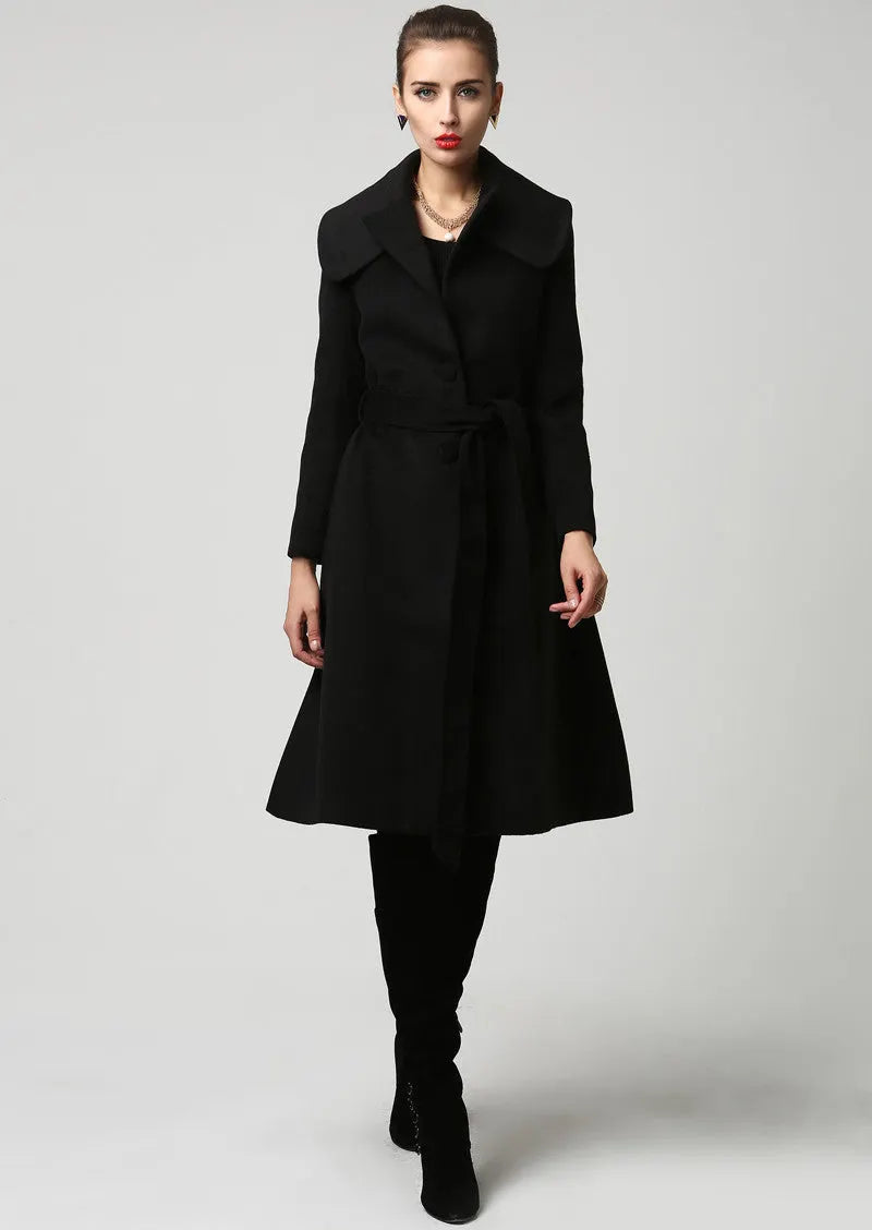 Vintage Wool Coat for Women – Handmade Black Belted Winter Coat with Double Folded Collar 