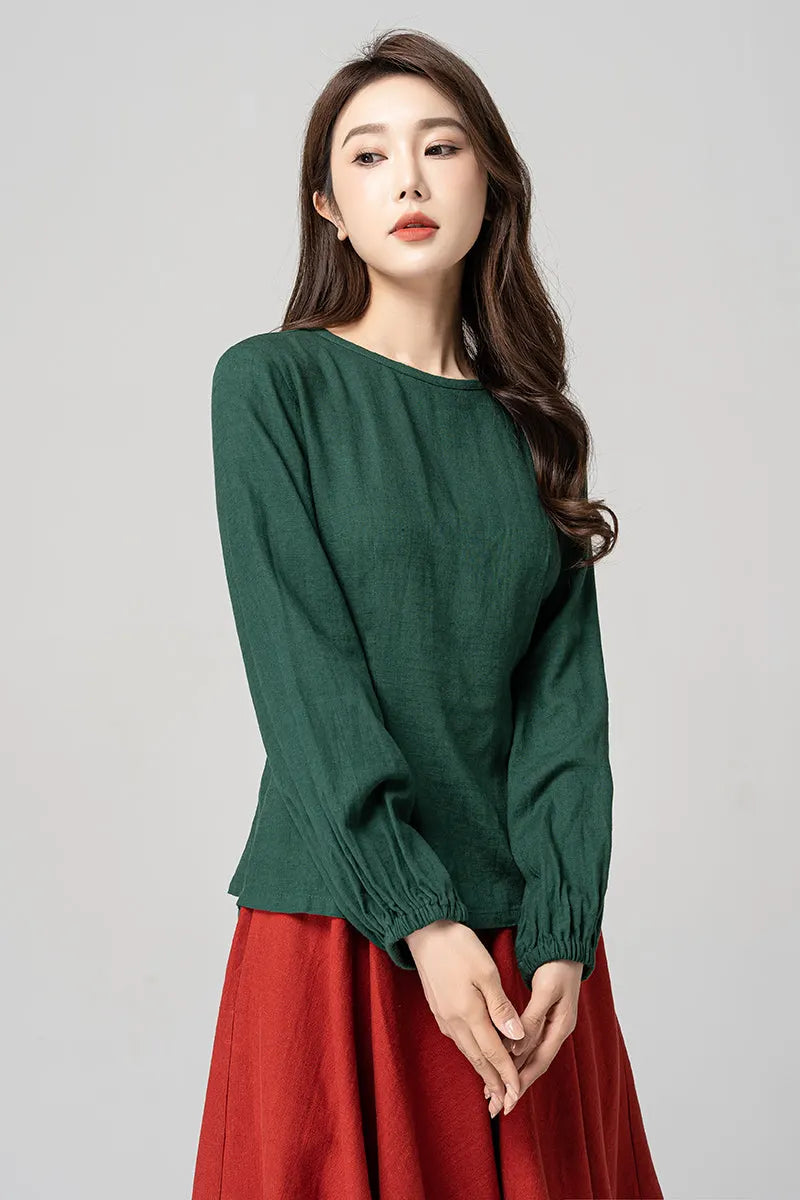 Green Linen Blouse - Lantern Sleeve Relaxed Fit 4183