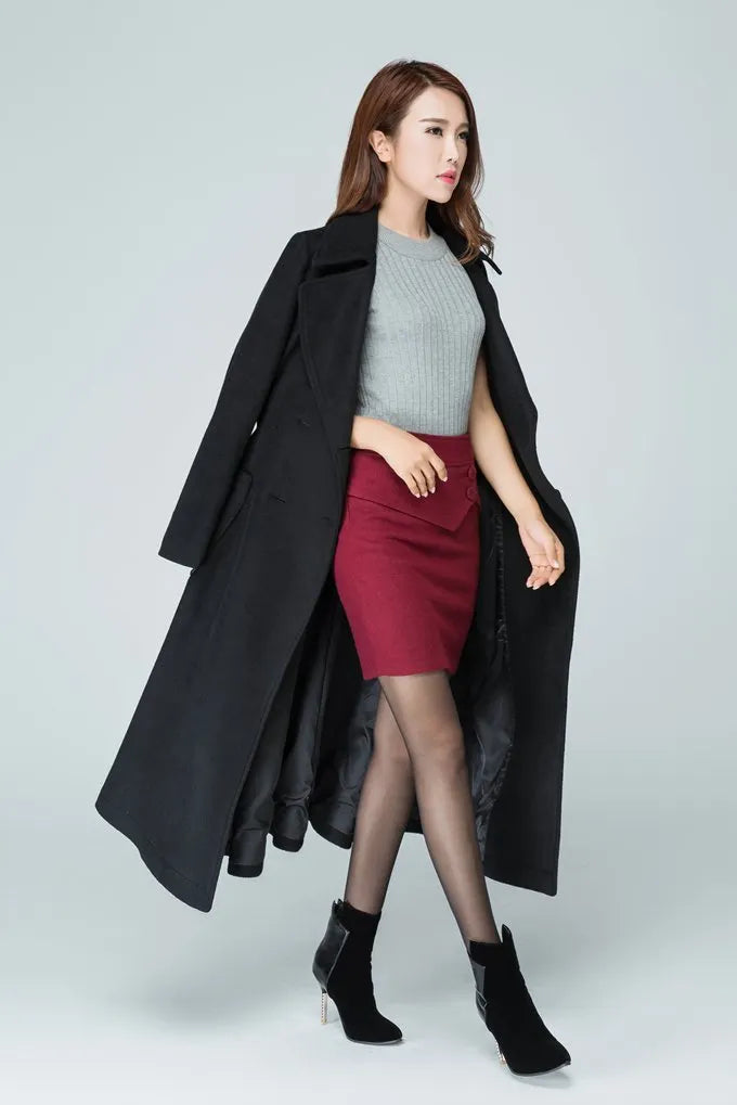 Black Wool Long Coat - High Waist, Double-Breasted Fit 1607