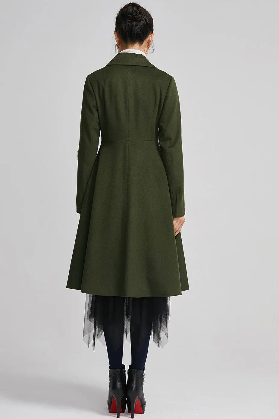 Elegant Green Wool Blend Coat – Tailored Midi Winter Coat with Zipper Details 