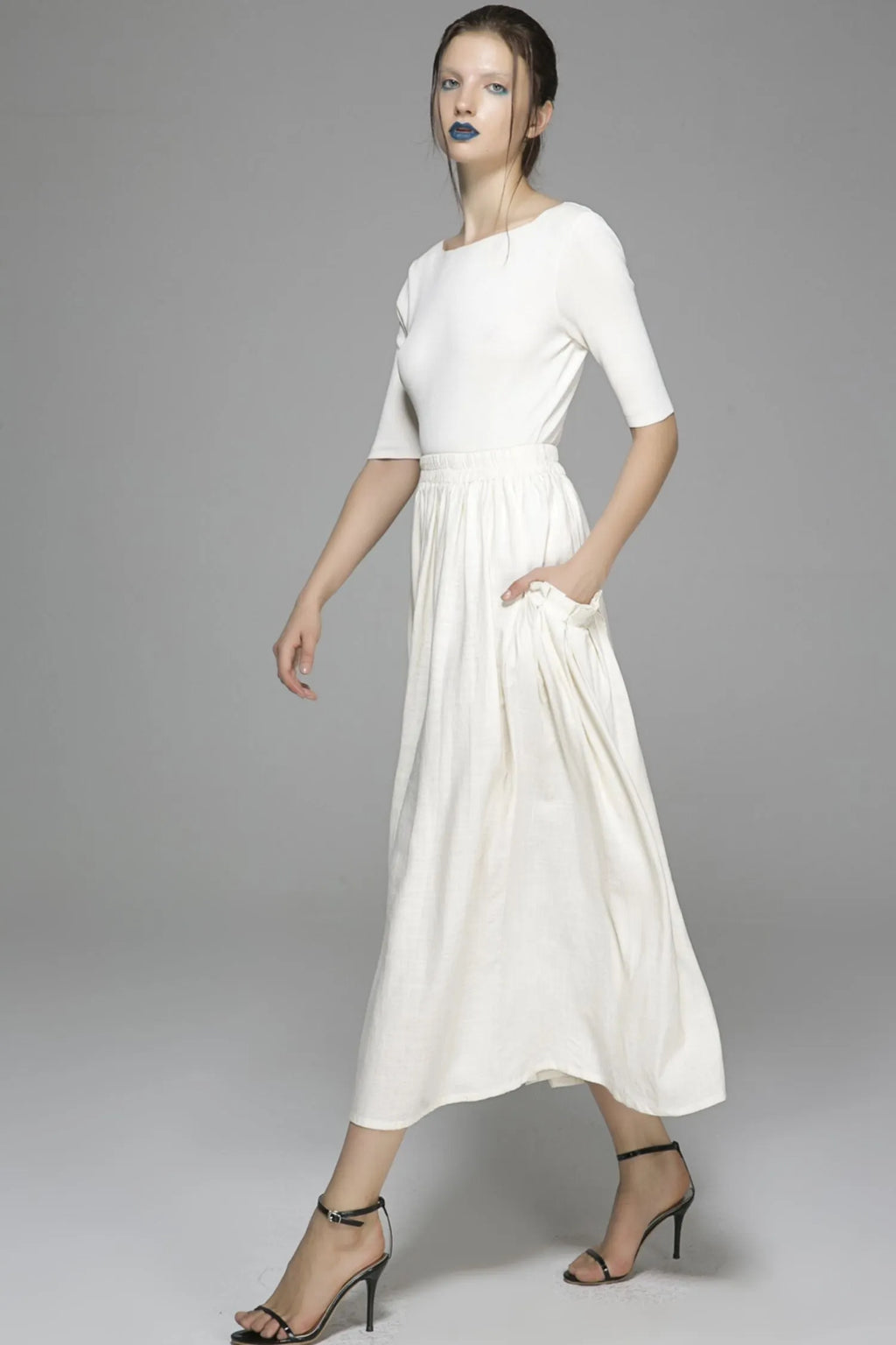 White Linen Cotton Maxi Skirt - Elastic Waist Big Pockets 