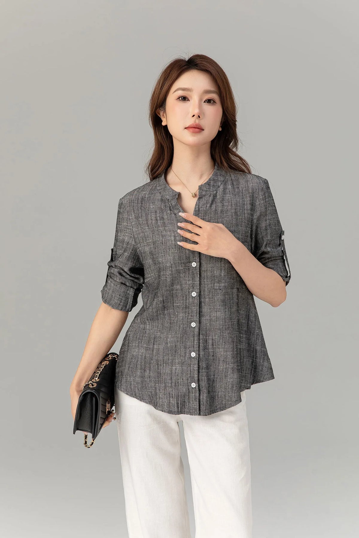 Charcoal Linen Blouse - Button-Down, Long Sleeve, Loose Fit 4915
