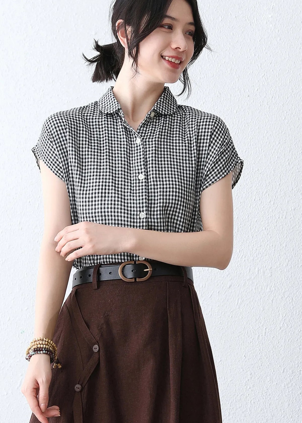 Black & White Plaid Linen Blouse - Handmade Cap Sleeves 2891