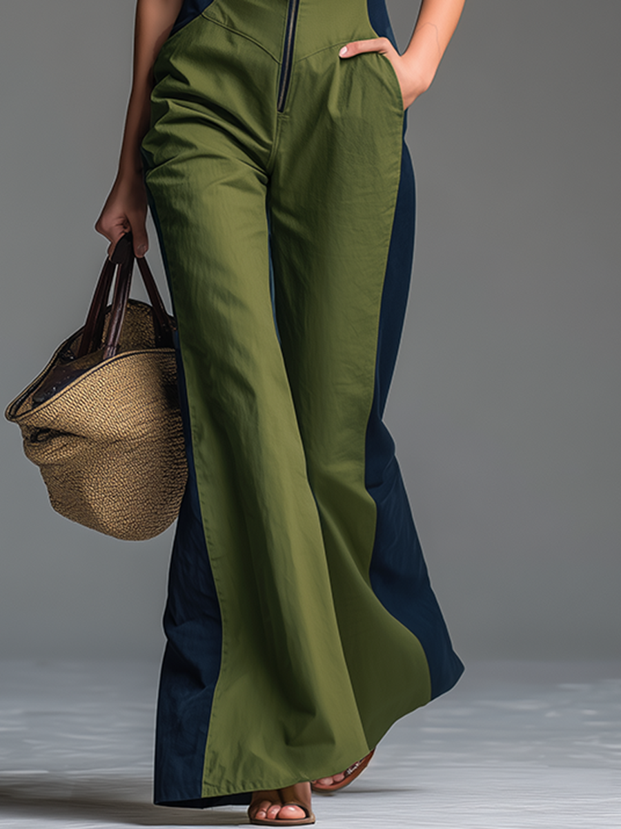 Retro Casual Stand-up Collar Zipper Sleeveless Jumpsuit