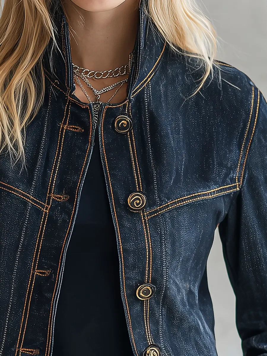 Women’s Cropped Navy Contrast Stitching Denim Jacket