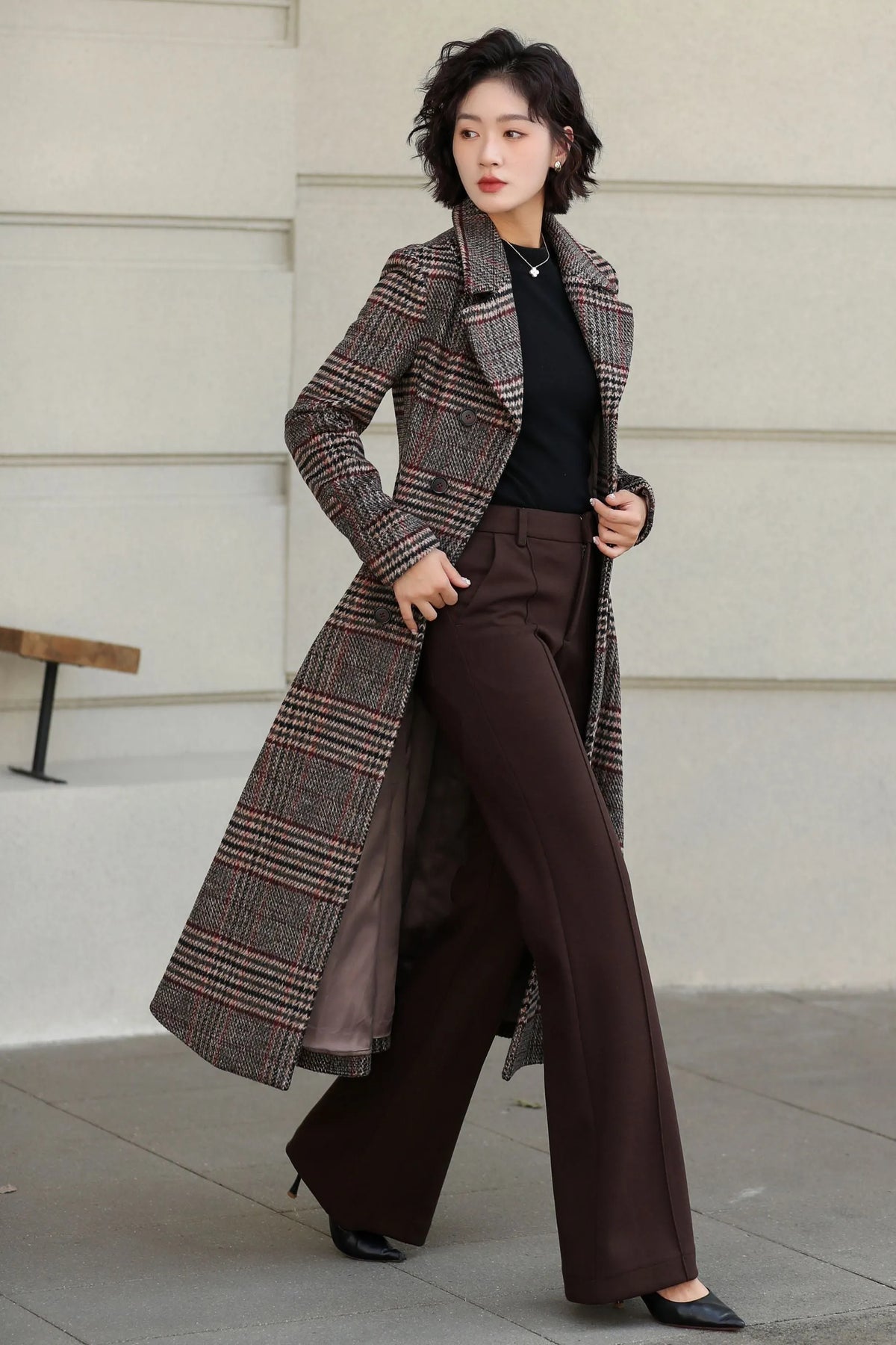 Plaid Wool Coat - Vintage Inspired Fit and Flare Long Double Breasted 6529