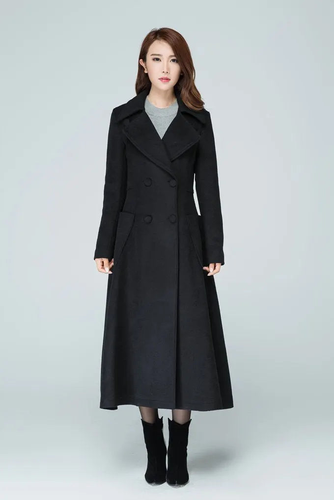 Black Wool Long Coat - High Waist, Double-Breasted Fit 1607