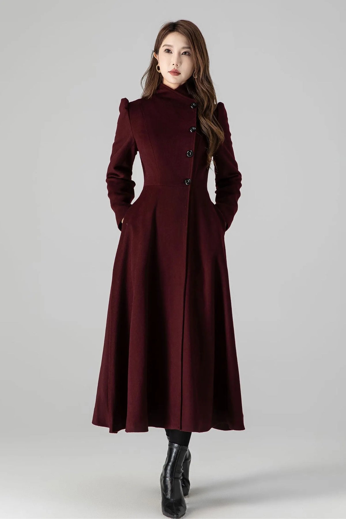 Handmade Burgundy Wool Long Coat – Elegant High Neck Fit & Flare Winter Overcoat 4511