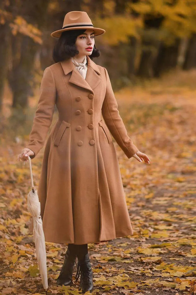 Camel Wool Coat - Double-Breasted, Flared Hem A-Line Swing 2496