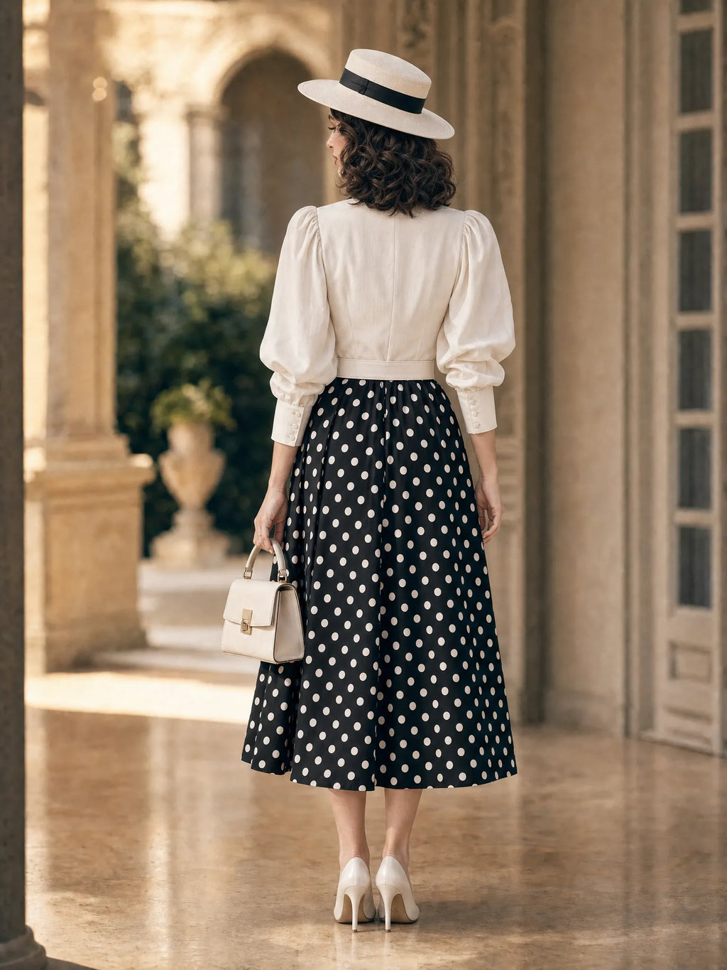 Vintage 1950s Polka Dot Puff Sleeve Contrast Collar Midi Dress