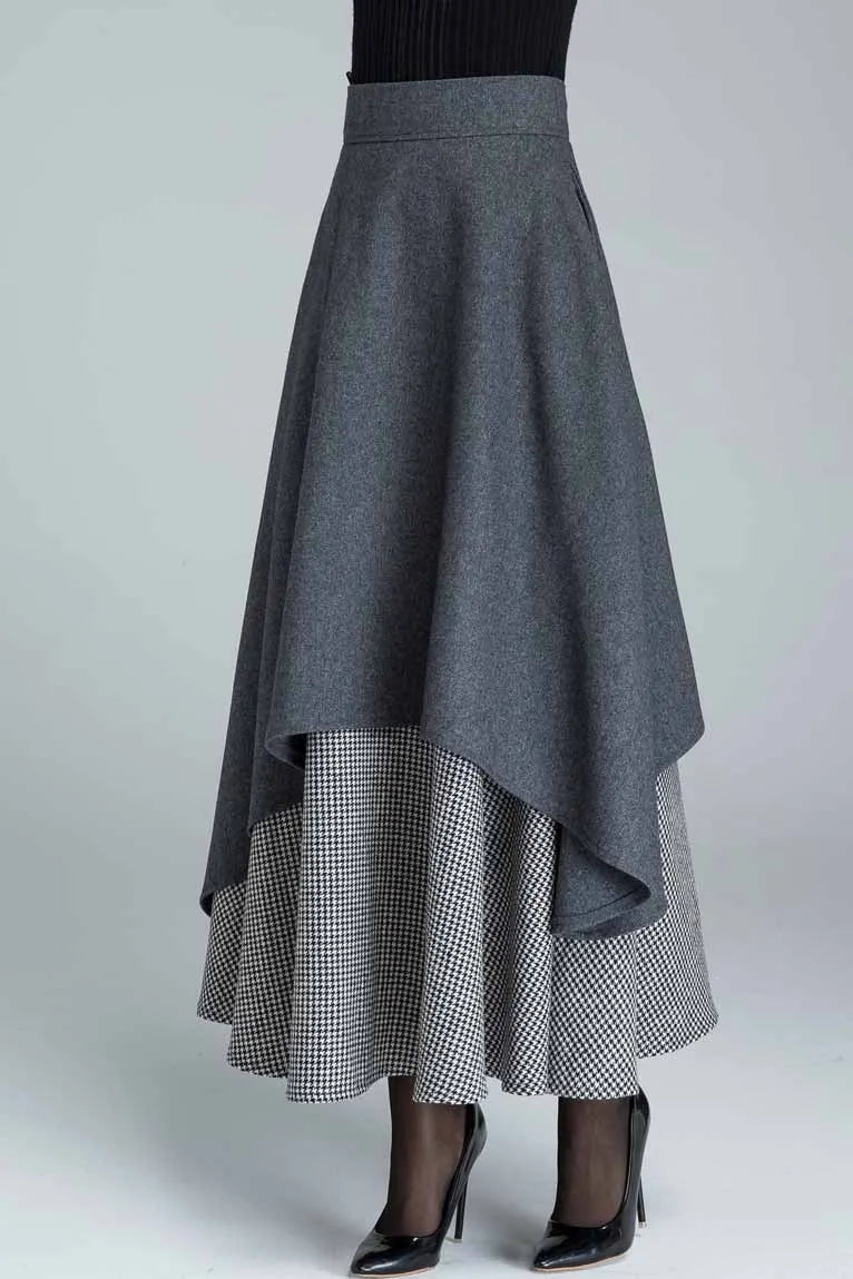 Dark Grey Wool Blend Maxi Skirt – Handmade Layered Vintage Elegance 1625