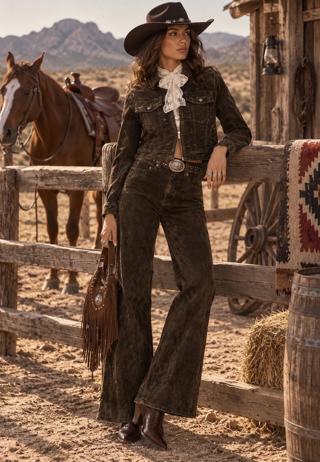 Brown Denim Western Jacket and Pants Set