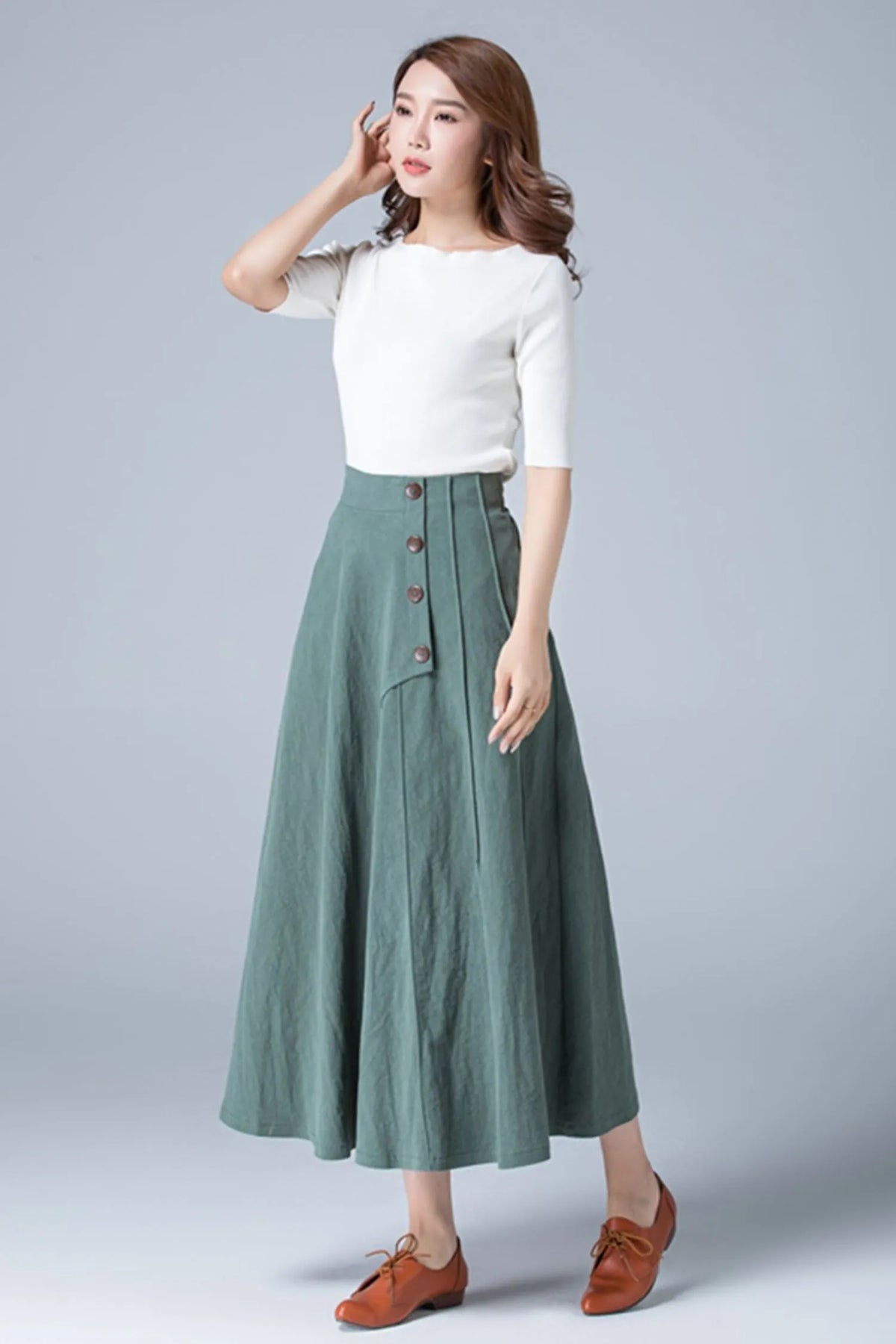 Green Linen Maxi Skirt - A-Line with Button Detail 1775