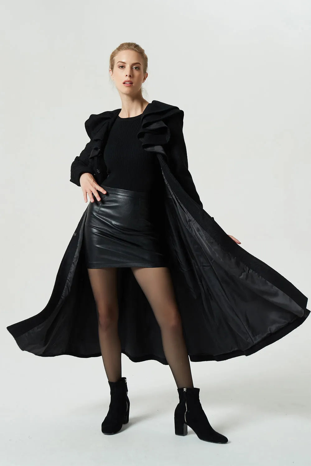 Black Wool Ruffle Coat – Handmade Feminine Fit and Flare Winter Maxi Coat 